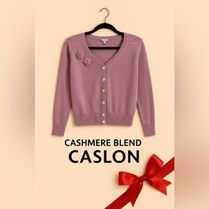 Caslon Purple Floral Embellished Button Front Cardigan Sweater Cotton Cashmere L